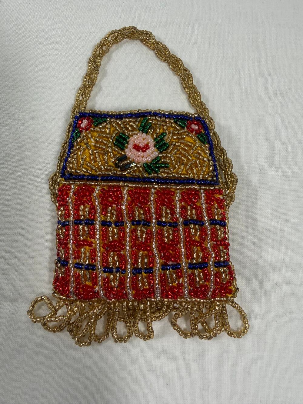 Vintage 1950s 60s Beaded Evening Pouch Purse Gold Red Blue Floral Hand Beaded